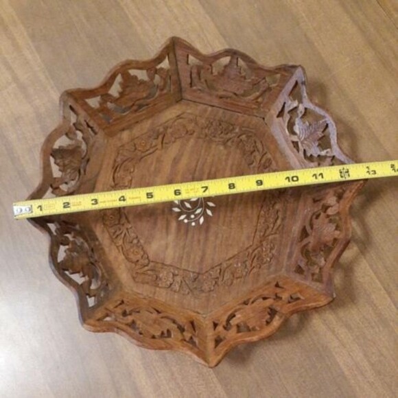 Vintage Inlaid Hand Carved Decorative Serving Bowl Vintage Wooden Tray India - Picture 7 of 8